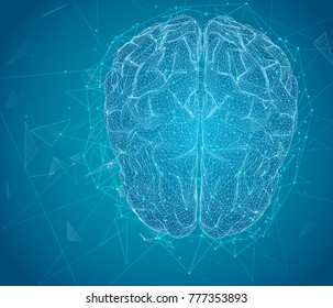 three-dimensional vector cyber brain. neural network mega-data processing, template interface design on a blue background.