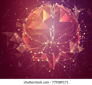 three-dimensional vector cyber brain. neural network mega-data processing, template interface design on background.