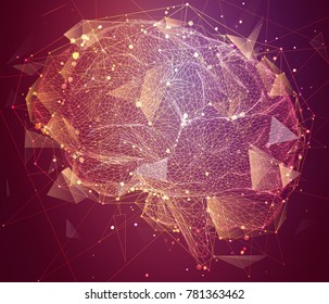 three-dimensional vector cyber brain. neural network mega-data processing, template interface design on background.