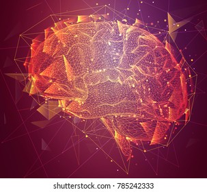 three-dimensional vector cyber brain. neural network mega-data processing, template interface design on background.