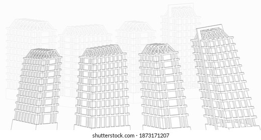 A three-dimensional vector graphic with  technical drawings in lines and contours. Architectural sketching.