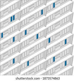 A three-dimensional vector graphic with  technical drawings in lines and contours. Architectural sketching.