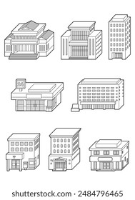 Three-dimensional vector illustration of various buildings. Line drawing.