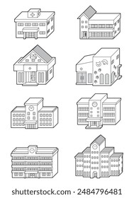 Ilustración vectorial tridimensional de varios edificios. Dibujo de líneas.