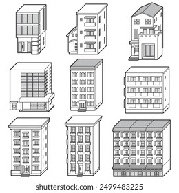 Three-dimensional vector illustration of various buildings. line drawing.