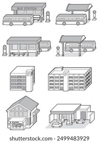 Three-dimensional vector illustration of various buildings. line drawing.