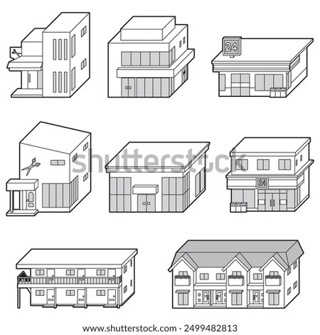 Three-dimensional vector illustration of various buildings. line drawing.