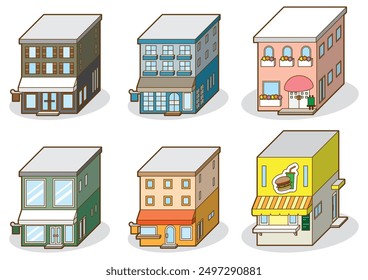 Ilustración vectorial tridimensional de varios edificios de tiendas.