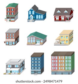 Ilustración vectorial tridimensional de varios edificios de tiendas.
