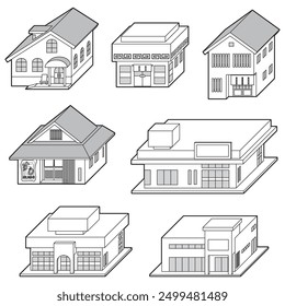 Three-dimensional vector illustration of various stores. line drawing.