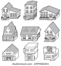 Three-dimensional vector illustration of various stores. line drawing.
