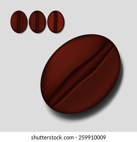Three-dimensional vector roasted coffee beans on a light background with shadow