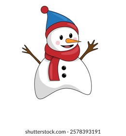 Three-dimensional vector snowman. A snowman with a red scarf