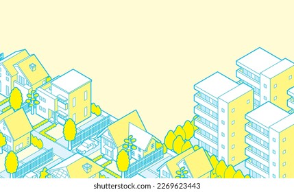 Three-dimensional view of the townscape. Background. Residential area. House.