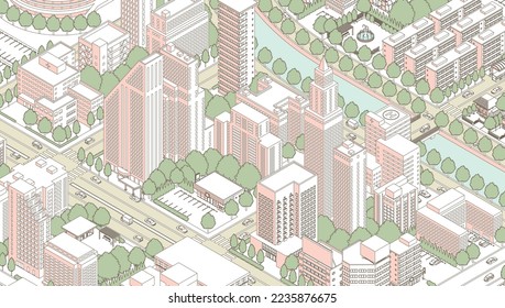 Three-dimensional view of the townscape. Cityscape.