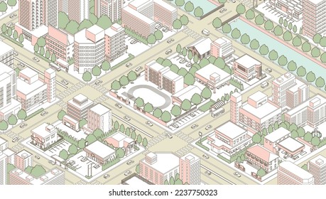 Three-dimensional view of the townscape. Cityscape.