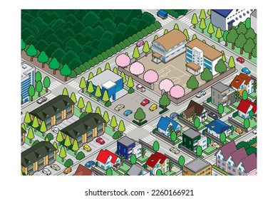 Three-dimensional view of the townscape. Cityscape.