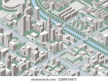 Three-dimensional view of the townscape. Cityscape.
