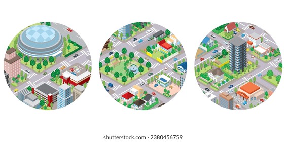 Three-dimensional view of the townscape. Cityscape.