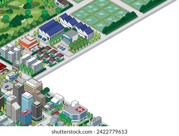 Three-dimensional view of the townscape. Cityscape.