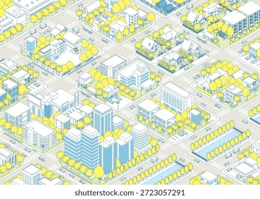 Dreidimensionale Ansicht des Stadtbildes. Stadtbild. Eine Stadt, die in isometrischer Projektion gezeichnet ist.