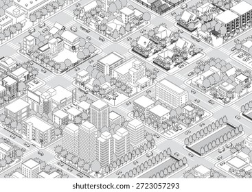 Dreidimensionale Ansicht des Stadtbildes. Stadtbild. Eine Stadt, die in isometrischer Projektion gezeichnet ist.