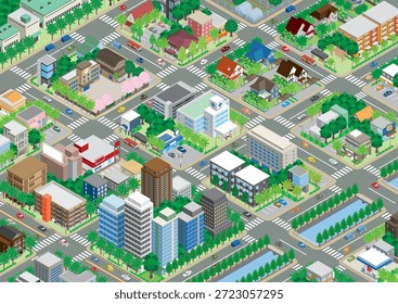 Dreidimensionale Ansicht des Stadtbildes. Stadtbild. Eine Stadt, die in isometrischer Projektion gezeichnet ist.