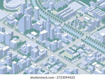 Dreidimensionale Ansicht des Stadtbildes. Stadtbild. Eine Stadt, die in isometrischer Projektion gezeichnet ist.