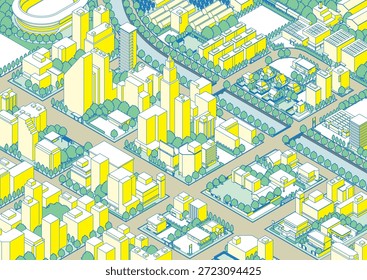 Dreidimensionale Ansicht des Stadtbildes. Stadtbild. Eine Stadt, die in isometrischer Projektion gezeichnet ist.