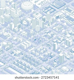 Dreidimensionale Ansicht des Stadtbildes. Stadtbild. Eine Stadt, die in isometrischer Projektion gezeichnet ist.