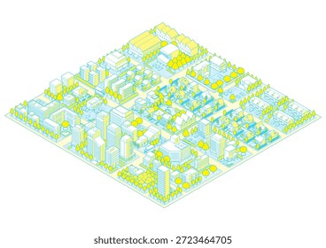 Dreidimensionale Ansicht des Stadtbildes. Stadtbild. Eine Stadt, die in isometrischer Projektion gezeichnet ist.