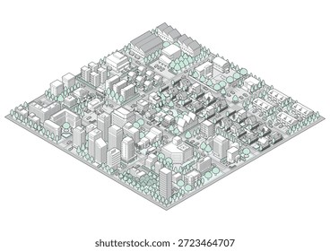 Dreidimensionale Ansicht des Stadtbildes. Stadtbild. Eine Stadt, die in isometrischer Projektion gezeichnet ist.