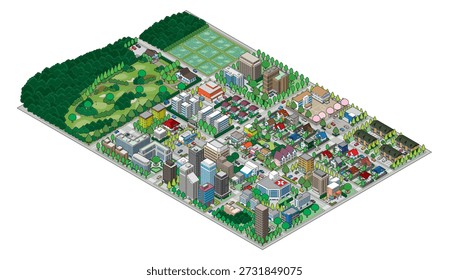 Three-dimensional view of the townscape. Cityscape. A city drawn in isometric projection.