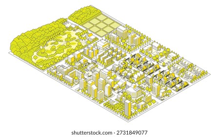 Three-dimensional view of the townscape. Cityscape. A city drawn in isometric projection.