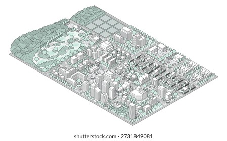 Three-dimensional view of the townscape. Cityscape. A city drawn in isometric projection.