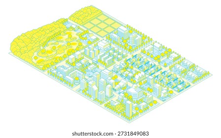 Three-dimensional view of the townscape. Cityscape. A city drawn in isometric projection.