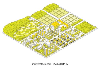 Three-dimensional view of the townscape. Cityscape. A city drawn in isometric projection.