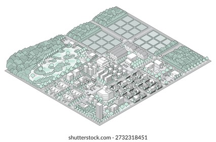 Three-dimensional view of the townscape. Cityscape. A city drawn in isometric projection.