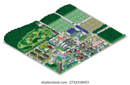 Three-dimensional view of the townscape. Cityscape. A city drawn in isometric projection.