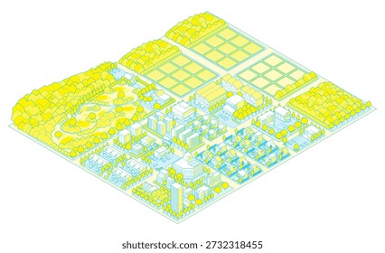 Three-dimensional view of the townscape. Cityscape. A city drawn in isometric projection.