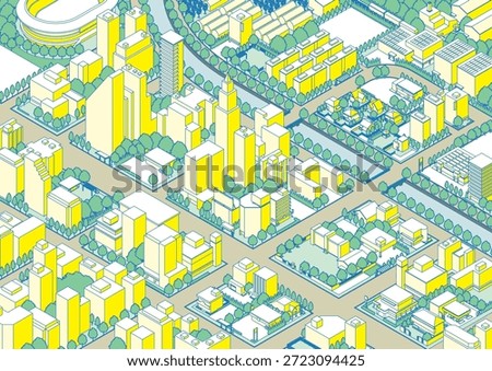 Three-dimensional view of the townscape. Cityscape. A city drawn in isometric projection.