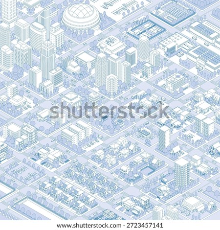 Three-dimensional view of the townscape. Cityscape. A city drawn in isometric projection.