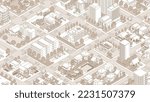 Three-dimensional view of the townscape. Cityscape. Line drawing illustration.