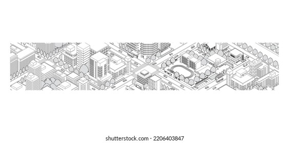 Three-dimensional view of the townscape. Cityscape. Line drawing illustration.