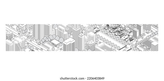Three-dimensional view of the townscape. Cityscape. Line drawing illustration.
