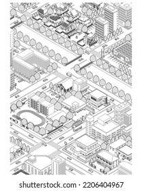 Three-dimensional view of the townscape. Cityscape. Line drawing illustration.