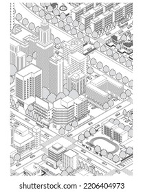 Three-dimensional view of the townscape. Cityscape. Line drawing illustration.