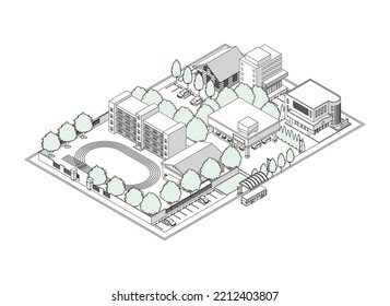 Three-dimensional view of the townscape. Cityscape. Line drawing illustration.