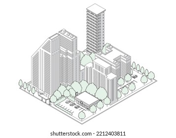 Vista tridimensional del paisaje urbano. Paisaje urbano. Ilustración de dibujo de línea.