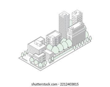 Three-dimensional view of the townscape. Cityscape. Line drawing illustration.